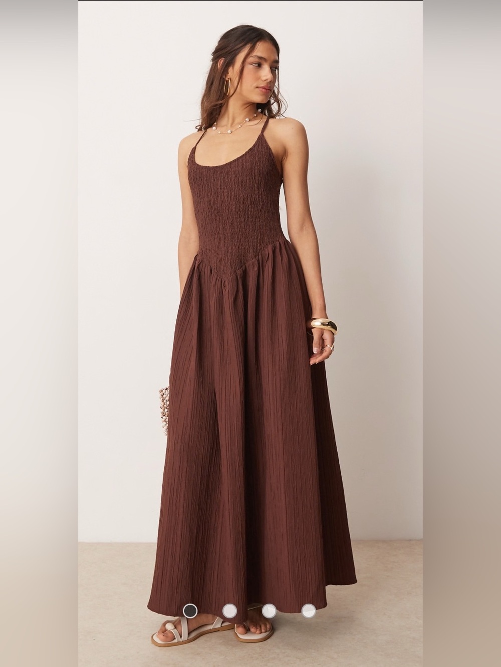 ASOS NWT Chocolate Brown Smocked Maxi Dress Crinkle Boho Cottagecore US 14